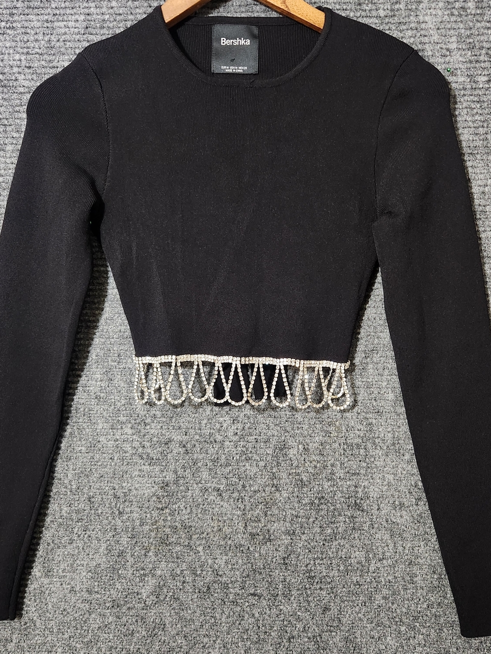 Bershka Black Long-Sleeve Cropped Dress with Rhinestone Hem Size M